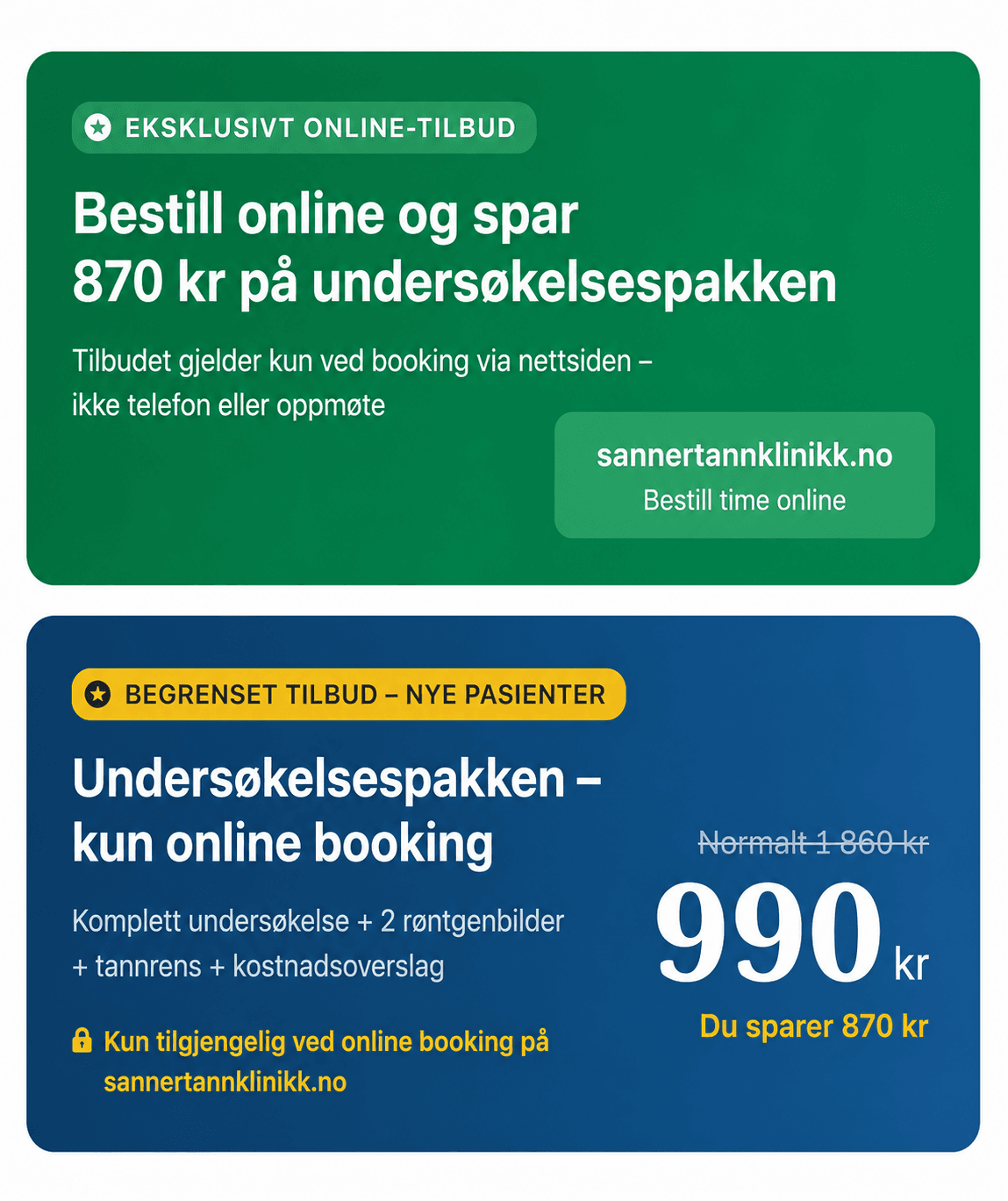 Undersøkelsespakke for nye pasienter hos Sanner Tannklinikk i Oslo – komplett undersøkelse, 2 røntgenbilder, tannrens og kostnadsoverslag for 990 kr.